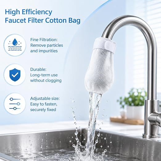 50 Pack High Density Faucet Filter, Splash Proof Cotton Pouch Kit,Tap Cartridge with Sediment Barrier,Fine Fiber Mesh Purifier,Water Clean Guard with Compact Style,Universal Anti-Splash Water Filter