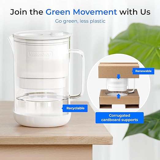 Waterdrop PT-09W 10-Cup Large Glass Water Filter Pitcher, Eco-Friendly | NSF/ANSI 53, 42 & 372 Certified Filter, Reduces PFOA/PFOS, Chlorine, Cadmium, Copper & Mercury, BPA-Free, White