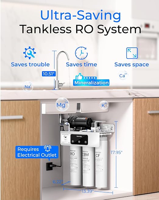 Waterdrop T3-M Remineralization Reverse Osmosis Water Filter, 450 GPD | NSF/ANSI 372 Certified, 9-Stage Tankless RO System, Tankless RO Water Filtration System, 2:1 Pure to Drain, Plug-in Required
