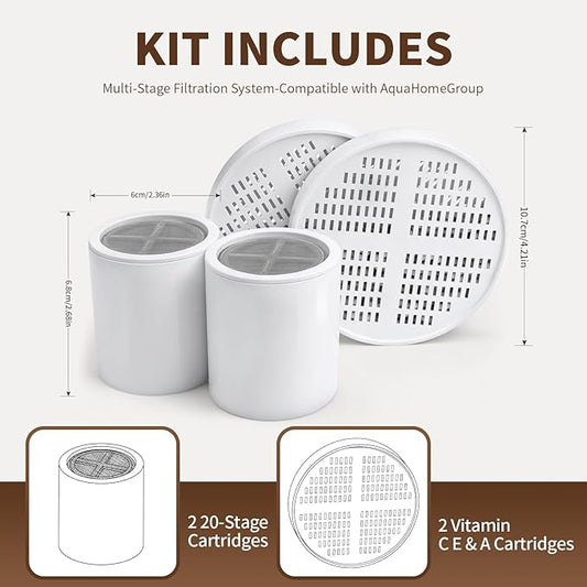 Shower Filter Replacement Cartridge Compatible with AquaHomeGroup, Vitamin C E & A Cartridges& 20-Stage Cartridges,Purified Water & Gentle Care(2Pack)