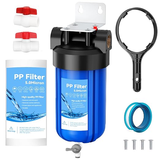 Whole House 10"x4.5" Blue PP Sediment Pre-Filter Housing with Drain Valve | Filters sediment, rust & dirt; pre-filter for city & well water with drain valve, comes with 1 pack PP filter and 2 valves