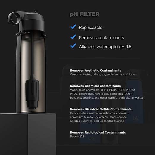 BLU All-in-ONE | Water Filter Flask | Vacuum Insulated Stainless Steel Bottle | Portable Water Filter Purifier (26oz) | Made in USA | Removes 99.99% Contaminants (pH Filter)