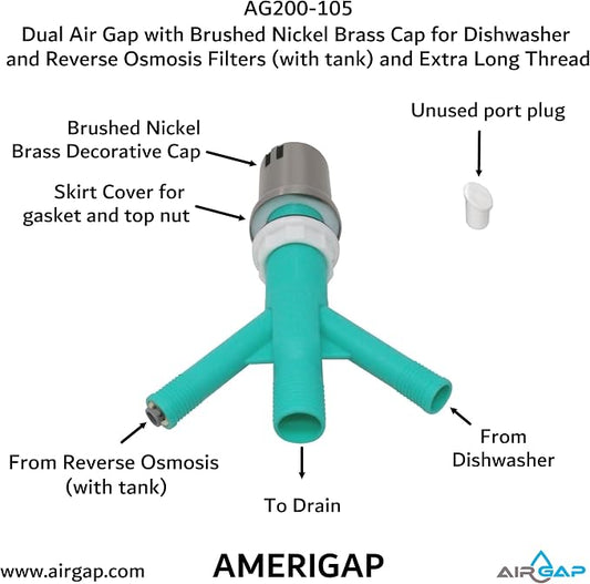 Dual Air Gap with Brushed Nickel Brass Cap for Dishwasher and Reverse Osmosis Filters (with tank) and Extra Long Thread (AG200-105, AG200-X05, AMERIGAP)