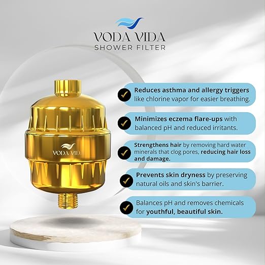 15-Stage Shower Filter for Hard Water | Universal High-Output Cartridge | Removes Chlorine, Heavy Metals for Softer Skin and Hair (15 Stage Shower Filter - Gold)