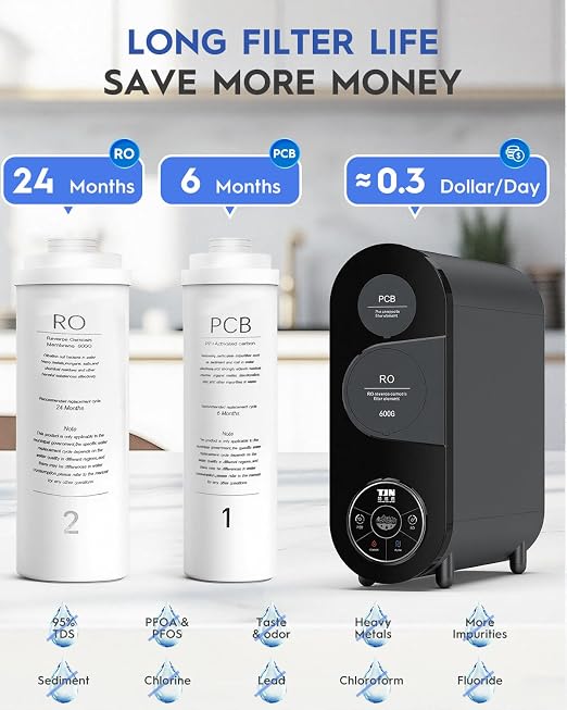 TJN 600G RO Water Purifier,FCC & UL 979 Certification. 600G High Flow (1.5L/min), Dual RO+PCB Filters. Reduces TDS & PFAS, 2:1 Pure-to-Drain Ratio. Includes Faucet & Tubing, Under Sink Installation
