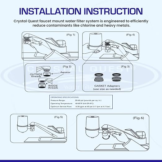 Crystal Quest Faucet-Mount Water Filtration System, ISO Certified 6-Stage Filtration, No-Wait Filtering, Removes Chlorine & Heavy Metal, 2000-Gallon Capacity, Easy Kitchen Faucet Installation - White