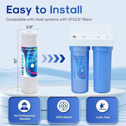 ICEPURE 10 Micron 10" x 2.5" String Wound Sediment Water Filter Cartridge for Well filter Universal Replacement for Any 10 inch RO Unit, WP-5, Aqua-Pure AP110 CFS110 Culligan P5 WFPFC4002 CW-MF, 6PACK