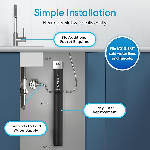 Brio 26" Under Sink Water Filter System for Kitchen & Bathroom Faucet | 3-Stage Single Housing 0.5 Micron Filters PFAS, Chlorine, Lead, Mercury+ | 25,000 Gallons/2 Years | NSF/ANSI 42 & 372 Certified