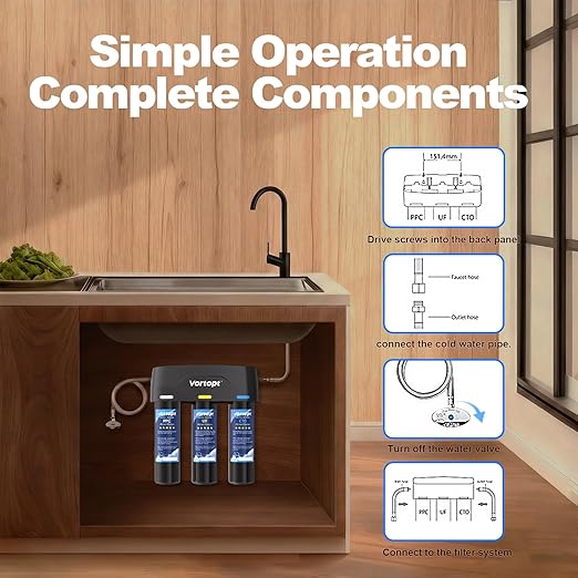 Vortopt F03 Under-Sink & Countertop Filtration,3 Stage Water Filter System with 0.01 Micron UF Membrane,Reduces Chlorine,Sediment,Odor,Retains Minerals,High Flow & Easy Install,NOT for TDS Reduction.
