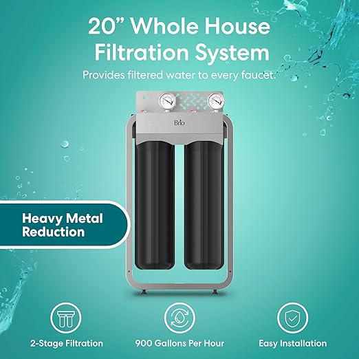 Brio Whole House Water Filter System for Heavy Metal Reduction w/Gauges | 2 Stage Fast-Flow Filtration (Sediment, GAC + KDF) 4.5" x 20" Filters | Improves Taste & Protects Home Appliances | 900 GPH