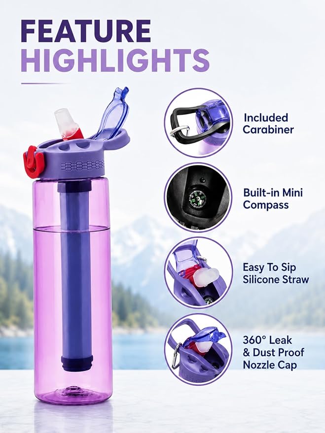 22oz Water Filter Bottle, Portable Outdoor Filtered Water Bottle with Multi-Layer Filtration, Improves Taste & Reduces Odor, BPA-Free Reusable Bottle for Hiking, Camping & Travel (Purple)