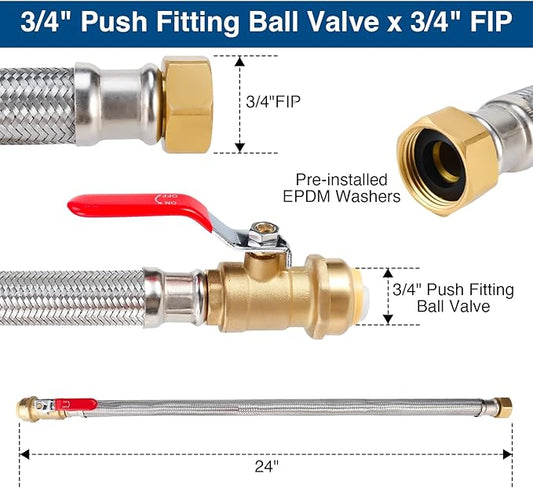 Heavy Duty 24" Braided Stainless Steel Hot Water Heater Hose – 3/4 Inch FIP x 3/4 Inch Ball Valve, Push-to-Connect Brass Fitting