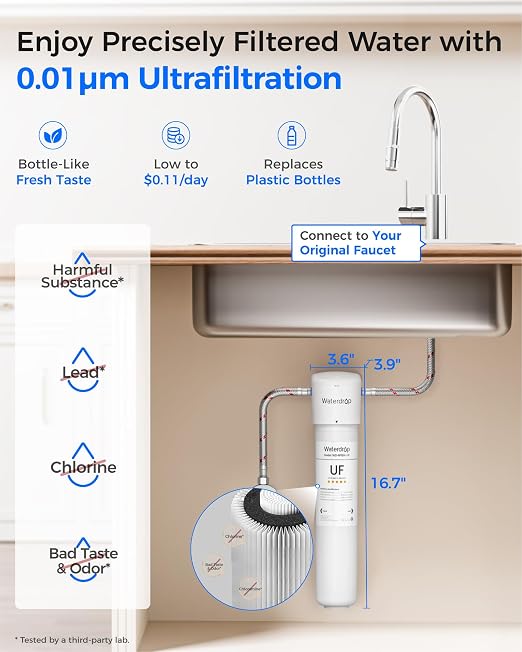 Waterdrop 15UBW-UF 0.01 μm Ultra Filtration Under Sink Water Filter System | Reduces Lead, Chlorine, Bad Taste & Odor, with Dedicated Brushed Nickel Faucet, 2 Years