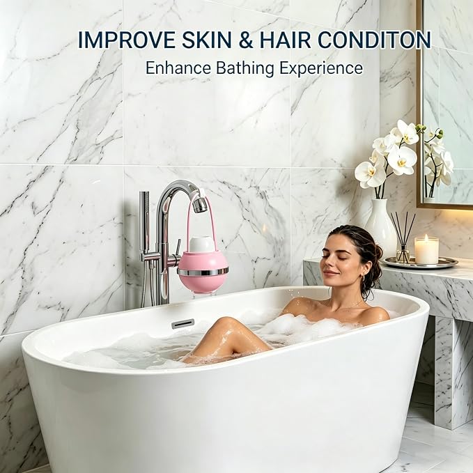 Bath Filter for Tub Faucet, Bathtub Water Filter, 3000 Gallons Bath Tub Filter, Hard Water Softener for Kids & Babies,Reduces Dry Itchy Skin,Eczema & Improve Skin, Hair & Nails Condition,Pink