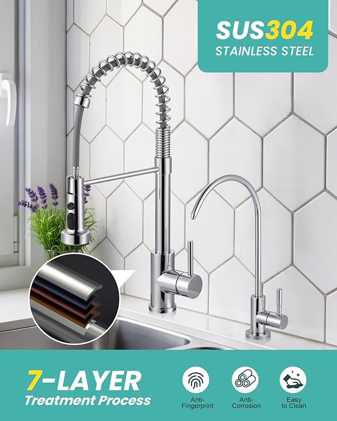 Kitchen Faucet and Water Filter Faucet: Chrome Kitchen Sink Faucet with Drinking Water Faucet - Stainless Steel Single Handle Tap with Pull Down Sprayer for Kitchen Sink Farmhouse Bar