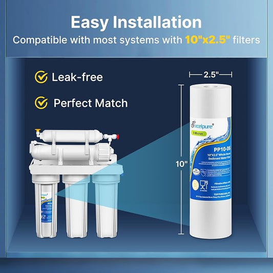 EXCELPURE 5 Micron 10" x 2.5" Whole House Sediment Home Water Filter Cartridge Replacement for Any 10 inch RO Unit, Culligan P5, Aqua-Pure AP110, Dupont WFPFC5002, CFS110, WHKF-GD05, PP10-05, 4PACK