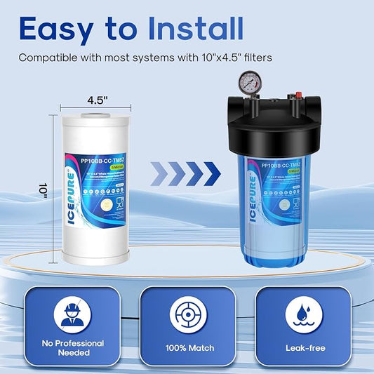 ICEPURE 5 Micron 10" x 4.5" Whole House Sediment and Iron Manganese Resin Water Filter Compatible with GE FXHTC, GXWH40L, RFC-BBSA W50PEHD Whirlpool WHKF-GD25BB GXWH35F GNWH38S Dupont WFHD13001, 3PACK