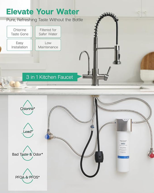 GIMILI 3 in 1 Kitchen Faucet with Pull Down Sprayer Black Stainless Two Handle Kitchen Sink Faucet with Under Sink Water Filter System Reduces PFAS, PFOA/PFOS, Lead, Chlorine, Bad Taste & Odor