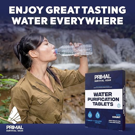 Water Purification Tablets- Water Purifier Tablets for Emergency Water - Hiking, Camping, Survival, Emergency – Drinking Water Filtration System Survival Tabs - Purificador De Agua - 100 Tablets - 4G
