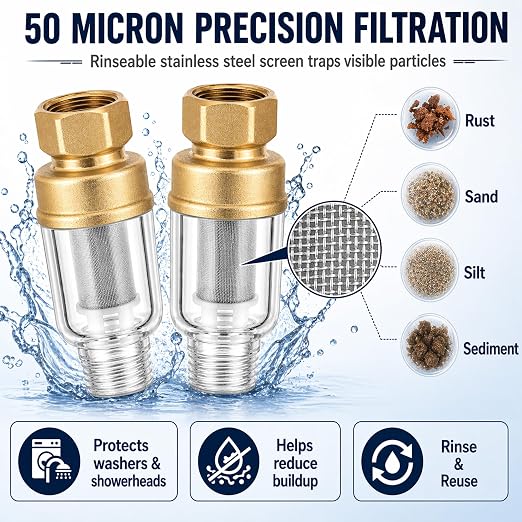 2 Pack Sediment Water Filter for Washing Machine, Reusable | Inline Water Pre-Filter with 3/4" Brass Adapters, 50 Micron Stainless Steel Screen Filter for Water Heaters, Showers, Faucet