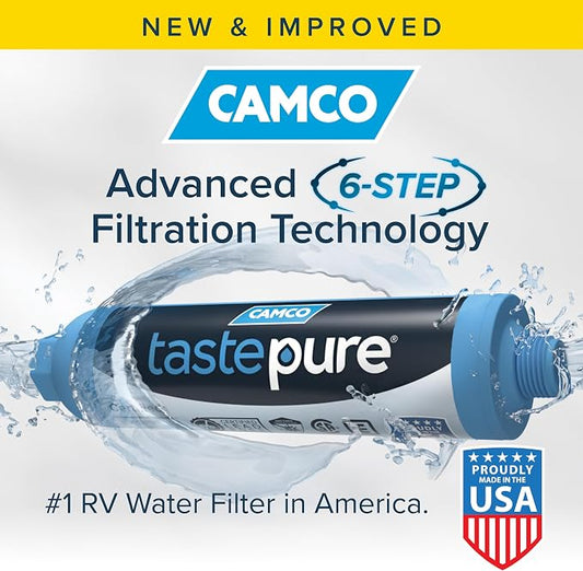 Camco TastePURE Water Filter, 6-Step Filtration | For RV | Flexible Hose Protector | Made in USA | 40043