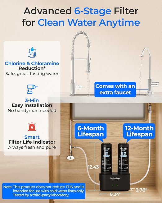 Waterdrop DLB Under Sink Water Filter System, with Faucet, Life Indicator | Reduces Chlorine, Chloramine, PFAS, Bad Taste, 2 Stage, Water Filter for Sink Faucet, Under Sink Water Filtration System