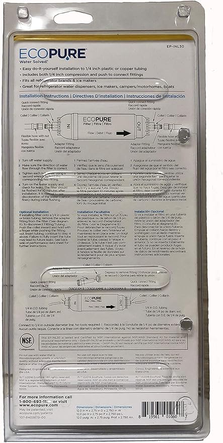 EcoPure EPINL30 5-Year In-Line Refrigerator Water Filter, Universal Fit for Most Fridges, Ice Makers, RVs & Boats, Reduces Chlorine Taste & Odor – Easy DIY Install with 1/4" Fittings (Pack of 4)