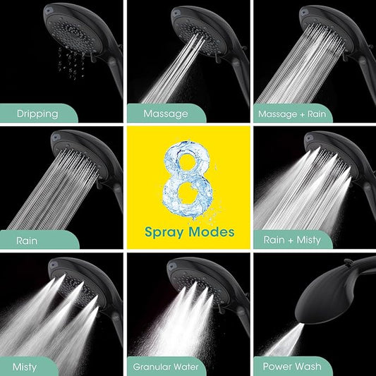 FASDUNT Filtered Shower Head with Handheld, High Pressure 8-Mode Handheld Showerhead with Filters for Hard Water -Remove Chlorine, Built-in Power Wash, 80" Long Hose & Adjustable Bracket, Black