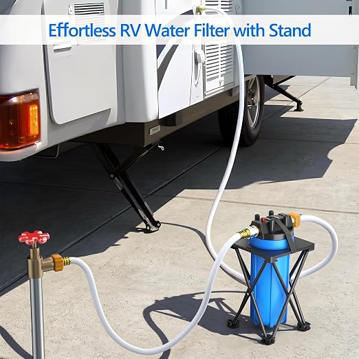 4-Layer RV Water Filter with Stand and 7,000 Gallons Capacity, 3/4" GHT Metal Threads Inline Water Filter, Removes Sediments, Chlorine, PFAS, PFOS, VOCs, Heavy Metals, Bad Taste, Odor