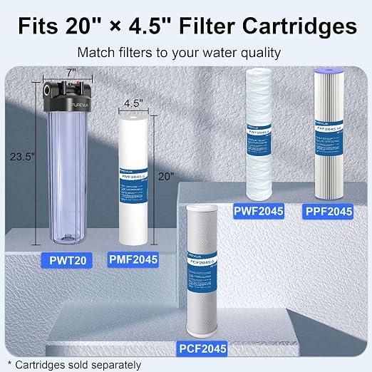 PWT20 Whole House Water Filter Housing, Fits 20” x 4.5” Big Blue Filters, Inline Pre-Filtration System for RV, Home Well and City Water Sediment etc with 1" NPT Port, Pressure Relief Valve