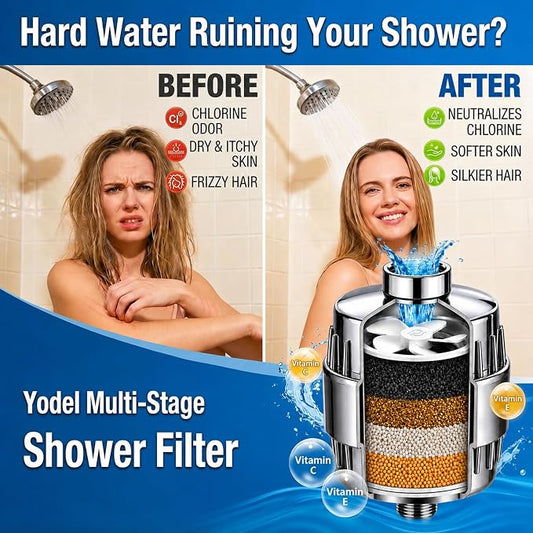 Yodel Shower Water Filter for Hard Water, Shower Water Softener with 6 Replacement Cartridges, Inline Showerhead Filter to Reduces Dry Itchy Skin, Eczema and Improve SKin,Hair,Nails Condition,Chrome