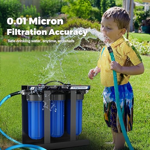 RV Water Filter System,5-Stage Water Filtration for Rvs and Campers, 0.01 Micron Filters Out Sediments, Chlorine, Vocs, Heavy Metals, Odors for Travel Trailers, Boats, 1/2" Inlet/Outlet