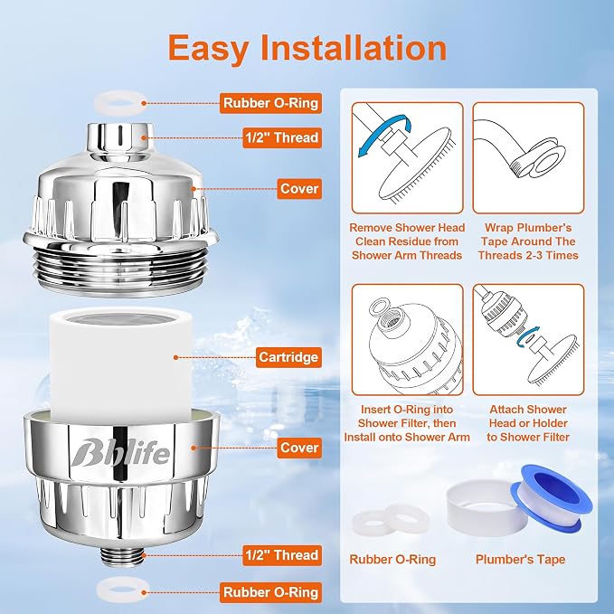 BBLIFE Shower Filter for Hard Water with NSF Certified KDF Filter Media | Multi-Stage Filtration, NSF Certified KDF, Carbon & Calcium Sulfite Reduces Chlorine, Odors & Impurities, Easy Installation