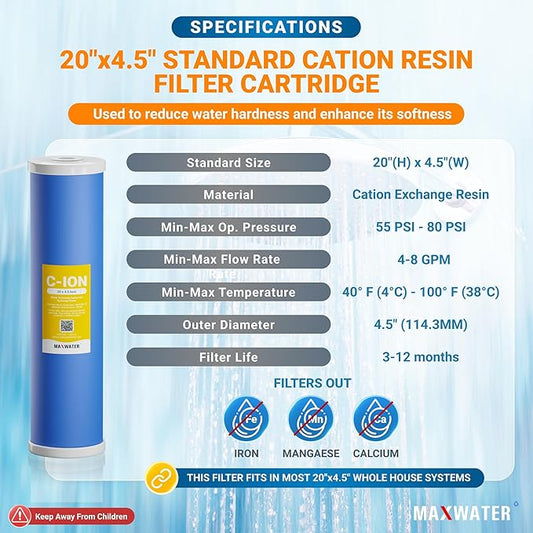 (1 Pack) Calcium, Magnesium TDS Hardness Reduction Water Softening 20" x 4.5" Cation Resin Filter Compatible with 20" BB Whole House Water Filter Systems