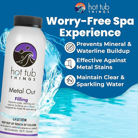 Hot Tub Things Metal Out, Stain & Scale Control, Removes Iron Copper Calcium Ions from Spa & Hot Tub Water, Surface & Equipment Protector, Safe with Chlorine Bromine Salt Systems, 16 oz