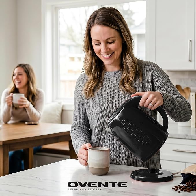 OVENTE 1.7L Double Wall Electric Tea Kettle, 1100W Water Boiler and Heater with Cool-Touch Exterior, Stainless Steel Insulated Interior, Auto Shut-Off, Boil-Dry Protection & Locking Lid, Black KD64B