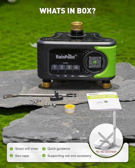 RAINPOINT WiFi Sprinkler Timer 4 Zone, Outdoor Smart Water Timer for Garden Hose with Brass Inlet&Outlet, Custom Programs via APP/Voice Control for Automatic Watering System Without Hub