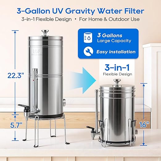LCF ππ’π₯π―ππ« ππ¨π§π¬ Enhanced UV-C Gravity Water Filter, Advanced Alternative to Berkey Water Filter System, NSF42 Standard, Reduces 99% Chlorine & BaΓ§tΡria, 6 Filters, Water Level Spigot, 3Gal