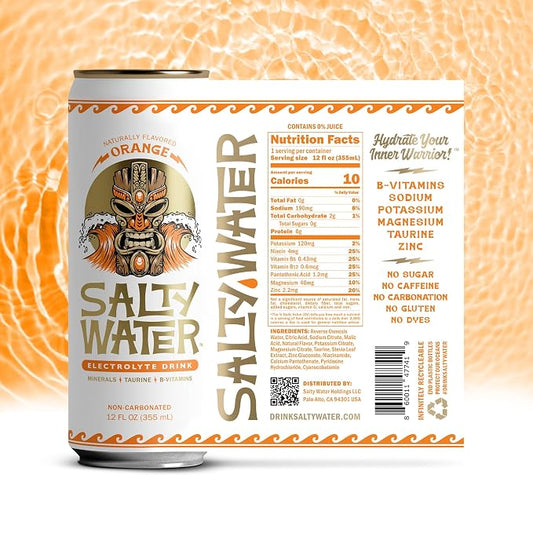 SaltyWater Electrolyte Drink, Orange – Zero Sugar Premium Hydration Drink, 10 Calories, Minerals, Taurine, B-Vitamins, Non-Carbonated - Zero Caffeine Electrolyte Sports Drink - Gluten Free - 12 Pack (12 oz)
