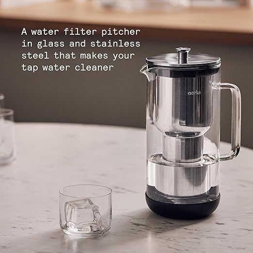 Aarke Purifier Regular Glass Pitcher Bundle w/Steel Filter, BPA-Free, 3 Enriched + 1 Pure Granules, 2.4L Pitcher with 1.18L Filtration Capacity