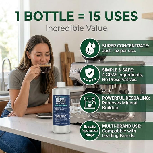 Think Crucial 15-Use Espresso Machine Descaler for Ninja Luxe Café NCCA1000, CFP451, CFP301 — 45% Acid Concentrate — 64% More Savings — 5-Year Supply — 16oz