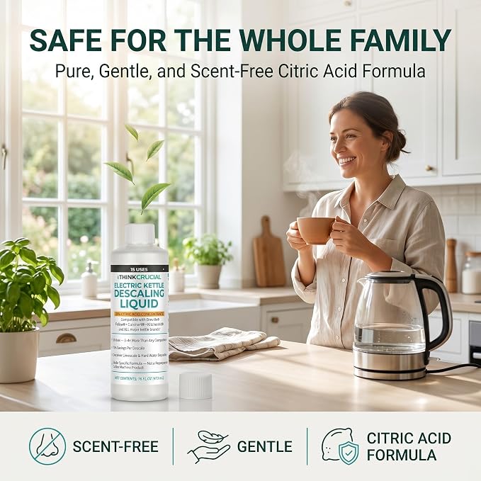 Think Crucial Electric Kettle Descaler, 15 Uses, 35% Citric Acid Concentrate — Compatible with Breville, Fellow, Cuisinart, KitchenAid — 16 fl oz