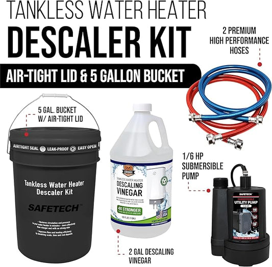 Safetech Tankless Water Heater Flushing Kit with 5-Gallon Screw-Top Lid, Premium Hoses, 1/6 HP Pump, and Concentrated Vinegar