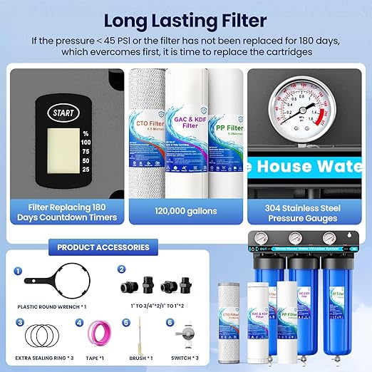 Whole House Water Filter System, 3 Stage Whole House Water Filtration System, with 20" GAC&KDF Filter, Reduces Heavy Metals, Chromium, Chloramine, Lead, Mercury, Copper, Nickel, Sediment, Odor