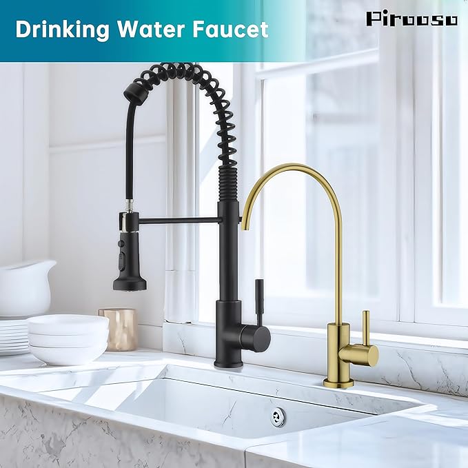 Brass RO Faucet - 360° Swivel Drinking Water Faucet for Kitchen Sink, Lead-Free Water Filter Faucet Compatible with Reverse Osmosis & Under Sink Filtration Systems, Elegant Brushed Gold Finish