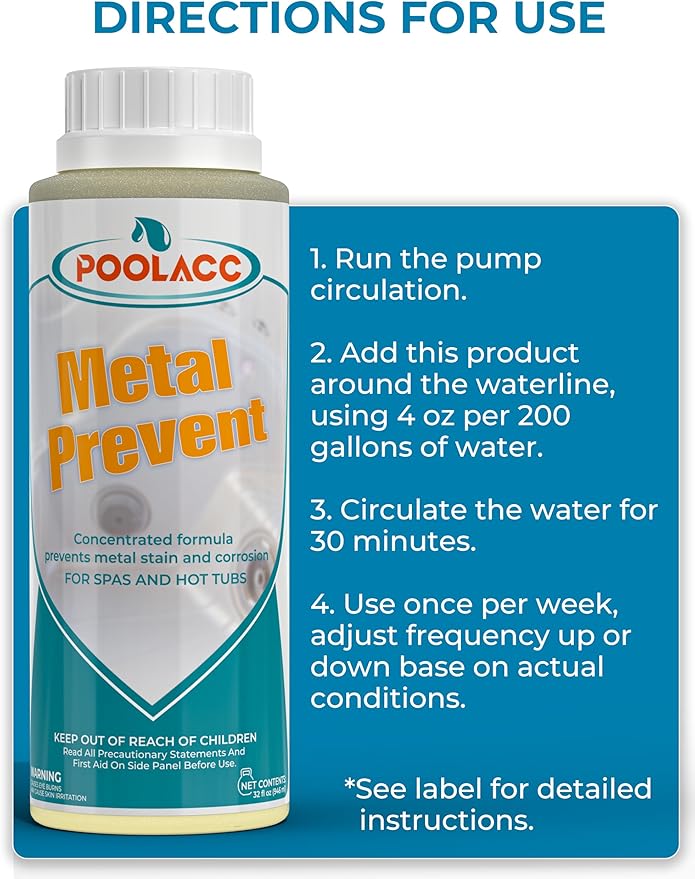 POOLACC Metal Remover for Hot Tub & Spa, Metal & Stain Control, Prevents Metal Stains Formation and Corrosion, Compatible with Any Spa, Fast-Acting & Easy to Use, 32oz