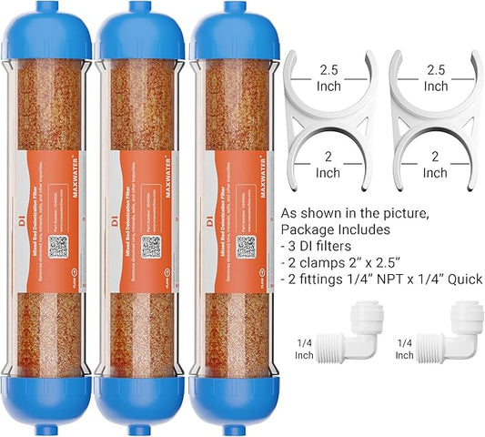(3 Pack) Mixed Bed Ion Exchange Aquarium Filter Resin 0 PPM RO DI Refillable Housing w/Clamps & Fittings, Compatible with 10" Reverse Osmosis Water Filtration Systems, for High TDS in Water