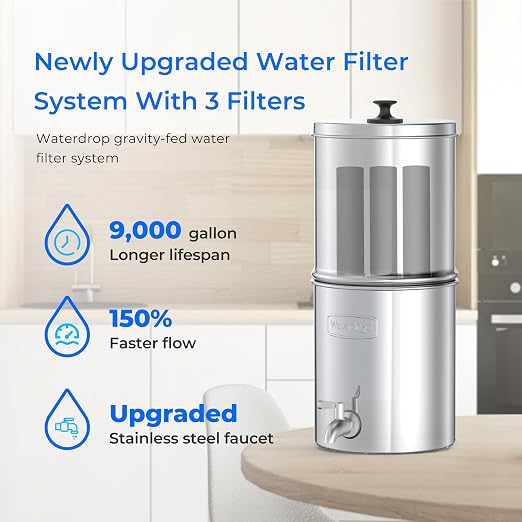 Waterdrop TK-AE Gravity Water Filter System, with 3 Black Carbon Filters | 9000 Gallon Longer Lifespan and 150% Faster Flow for Home, Travel, Emergencies, 2.25G