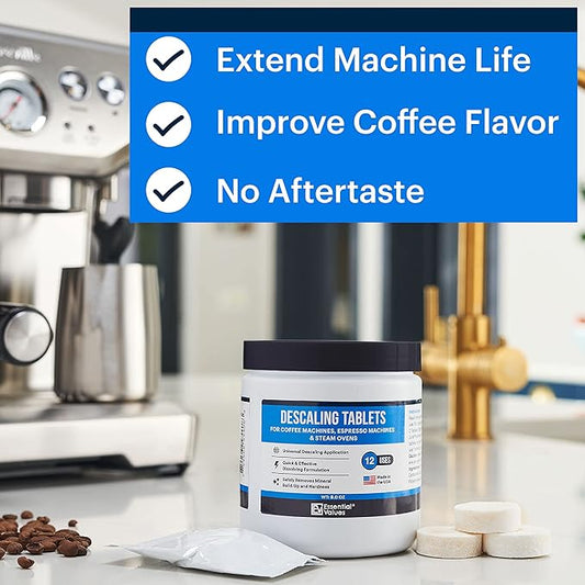 Essential Values Descaling Tablets, Descaler for Keurig Coffee Machines, Coffee Maker Cleaner for Breville, Delonghi, Jura, Miele, Bosch, Tassimo Espresso Machines and Miele Steam Ovens (Pack of 12)