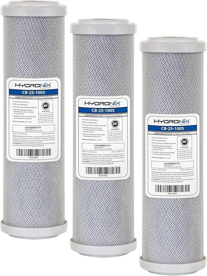 Hydronix CB-25-1005 Whole House RO & Drinking Systems NSF Coconut Carbon Block Water Filter 2.5 x 10-5 Micron (Pack of 3)
